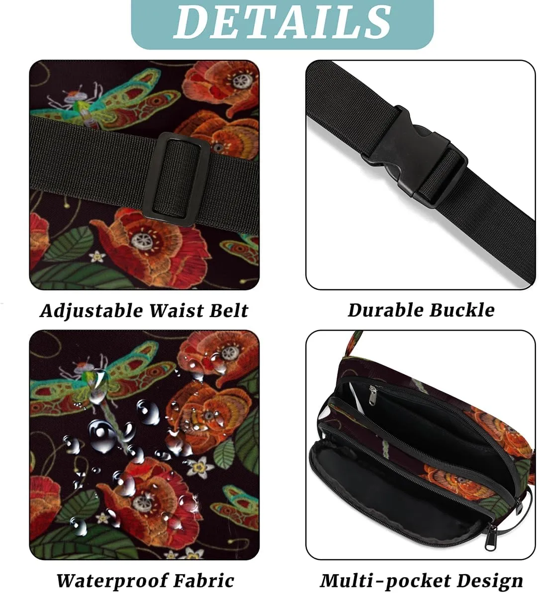 Lotus Dragonflys Fanny Pack for Women Men Waterproof Belt Bag Crossbody Waist Bag with Adjustable Strap Fashion Waist Packs for Casual Running Gym Hiking Travel Workout Cycling