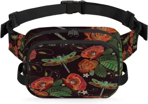Lotus Dragonflys Fanny Pack for Women Men Waterproof Belt Bag Crossbody Waist Bag with Adjustable Strap Fashion Waist Packs for Casual Running Gym Hiking Travel Workout Cycling