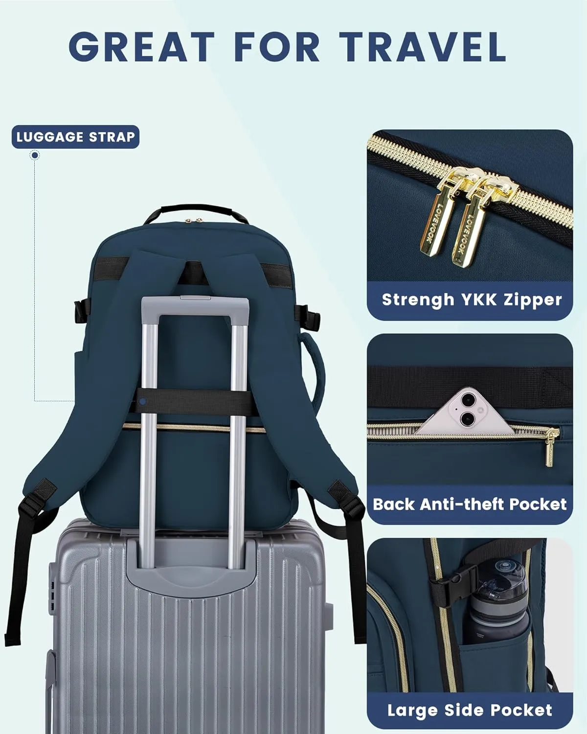 LOVEVOOK Travel Backpack, 40L Carry on Backpack with 3 Packing Cubes, 17 Inch Water Resistant Luggage Computer Daypack College Weekender Overnight Bag for Men & Women, Dark blue green-Black