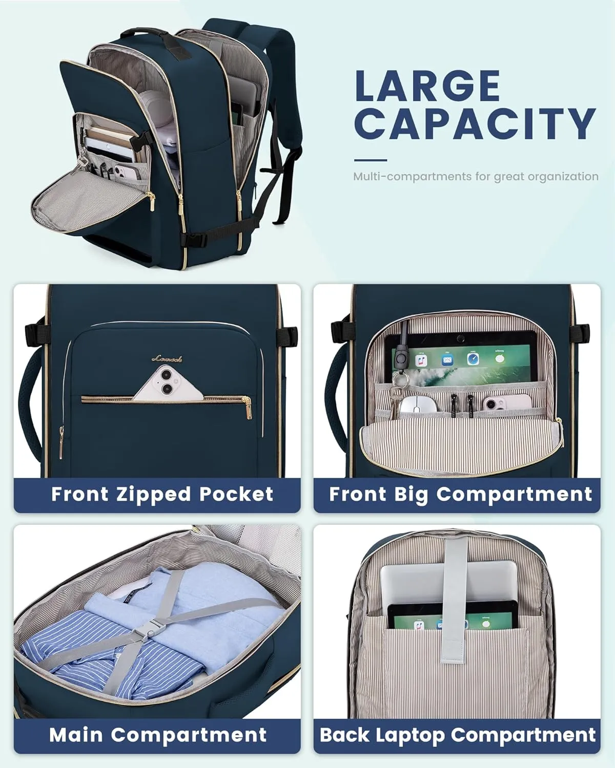 LOVEVOOK Travel Backpack, 40L Carry on Backpack with 3 Packing Cubes, 17 Inch Water Resistant Luggage Computer Daypack College Weekender Overnight Bag for Men & Women, Dark blue green-Black