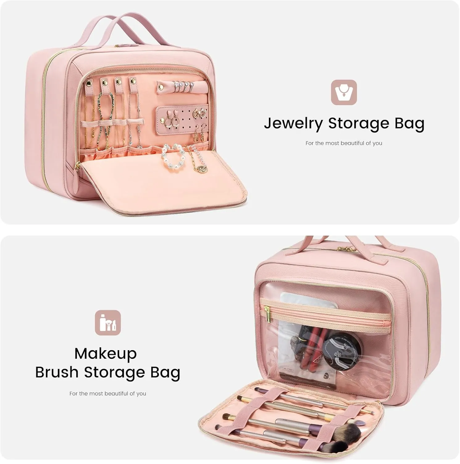 LOVEVOOK Travel Toiletry Bag for Women with Jewelry Makeup Brush Organizer,Large Hanging Travel Toiletry Bag with Makeup Cosmetic Bag Organizer, Carry-on Travel Accessories Essentials,Pink