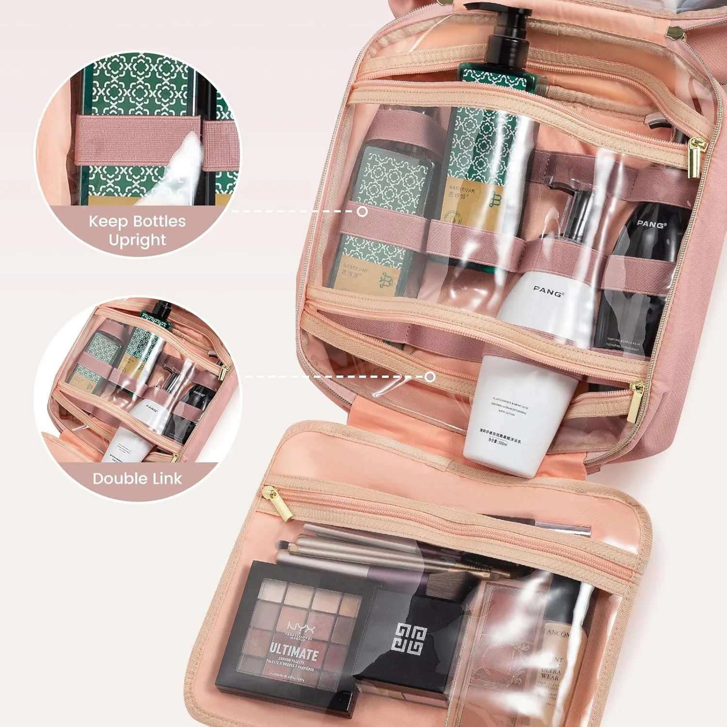 LOVEVOOK Travel Toiletry Bag for Women with Jewelry Makeup Brush Organizer,Large Hanging Travel Toiletry Bag with Makeup Cosmetic Bag Organizer, Carry-on Travel Accessories Essentials,Pink