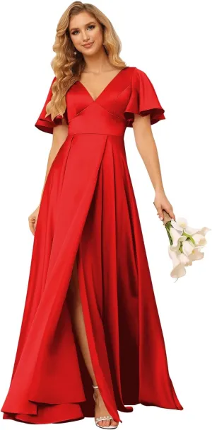 Loyeloy Women's V Neck Ruffle Sleeves Bridesmaid Dresses with Slit 2025 Satin A-Line Formal Evening Gowns