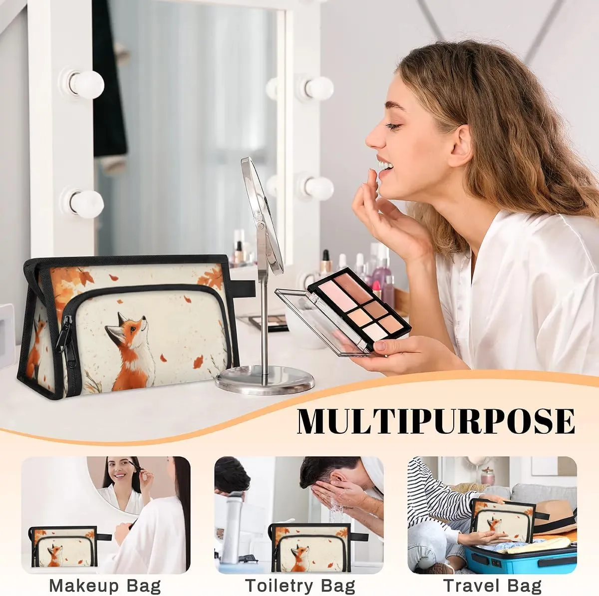 Makeup Bag Autumn Fox Travel Toiletry Bag Makeup Organizer Portable Make Up Bags for Women Cosmetic Bag with Handle