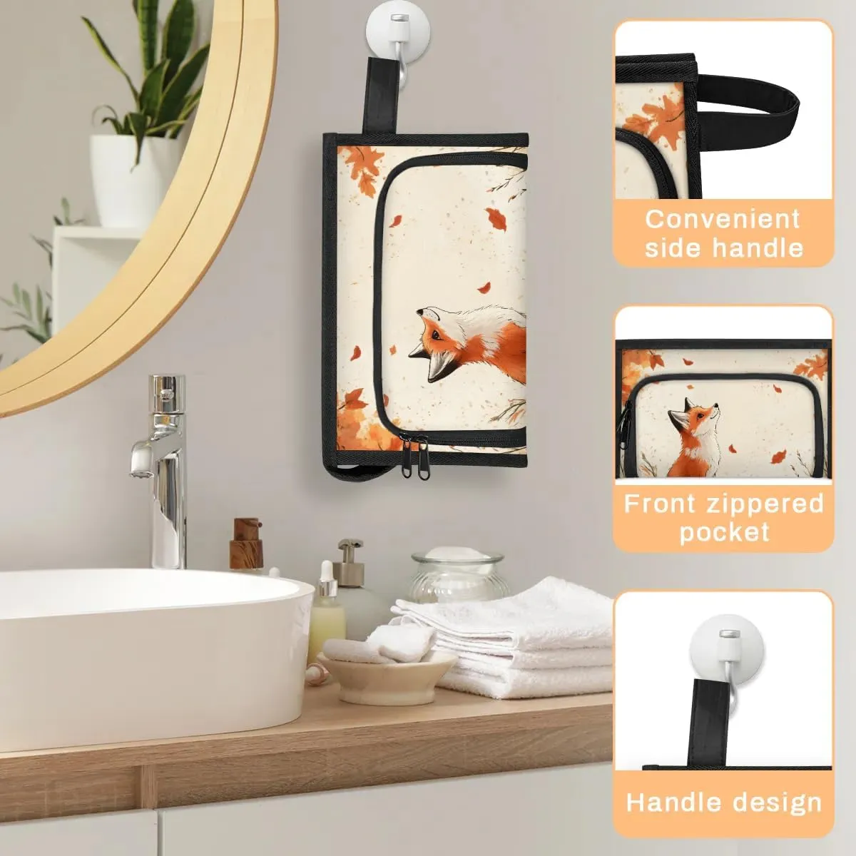 Makeup Bag Autumn Fox Travel Toiletry Bag Makeup Organizer Portable Make Up Bags for Women Cosmetic Bag with Handle