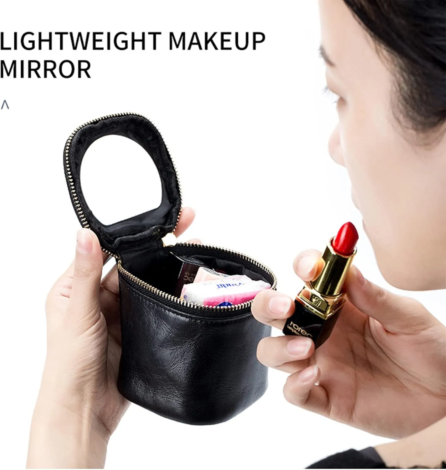 Makeup Bag with Mirror Genuine Leather Mini Coin Purse Pouch Travel Jewelry Lipstick Case Cosmetic Organizer Purse Clutch Gift for Women Girls