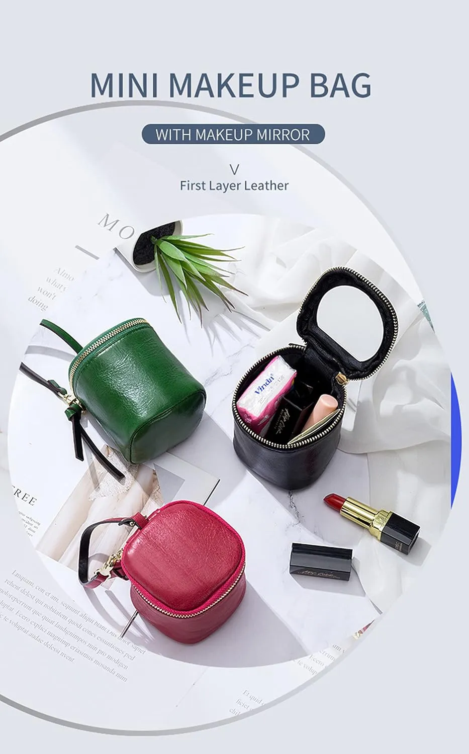 Makeup Bag with Mirror Genuine Leather Mini Coin Purse Pouch Travel Jewelry Lipstick Case Cosmetic Organizer Purse Clutch Gift for Women Girls