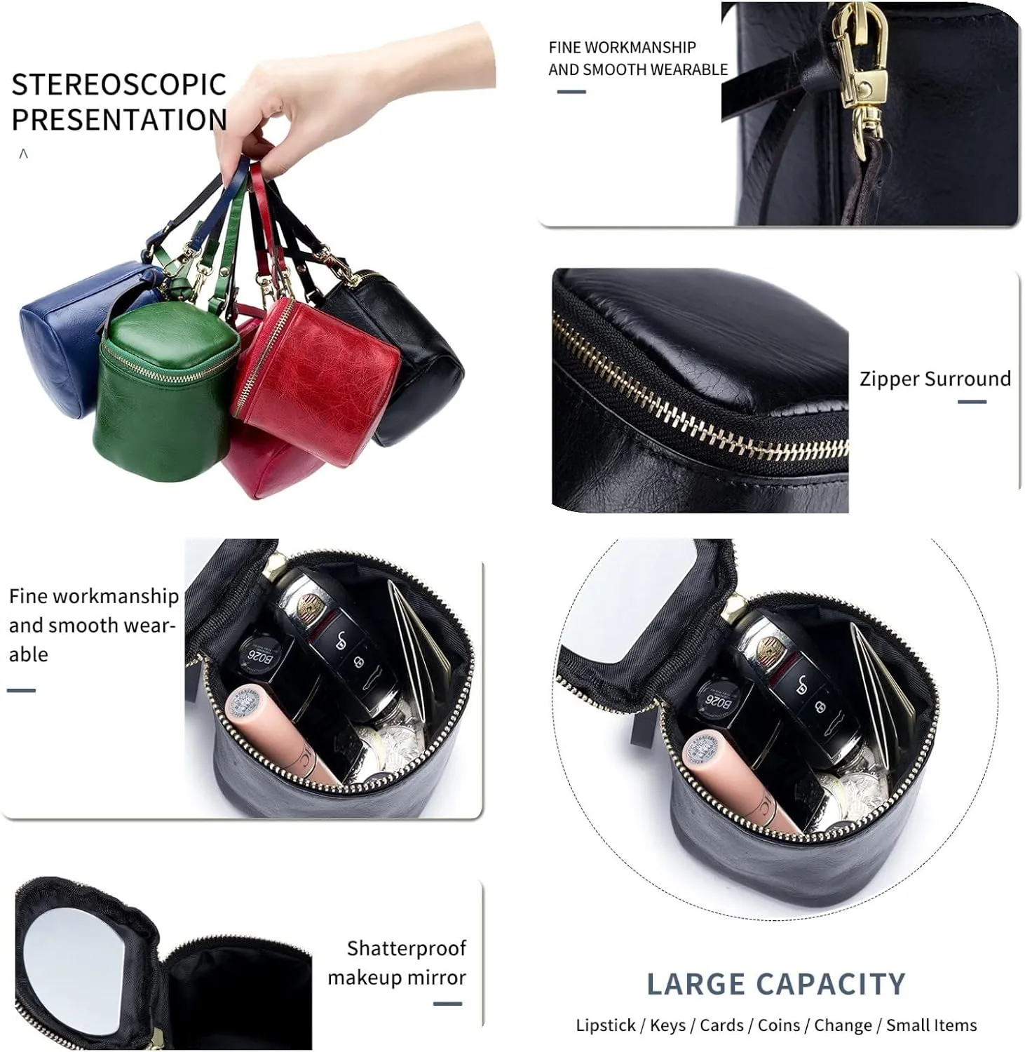 Makeup Bag with Mirror Genuine Leather Mini Coin Purse Pouch Travel Jewelry Lipstick Case Cosmetic Organizer Purse Clutch Gift for Women Girls