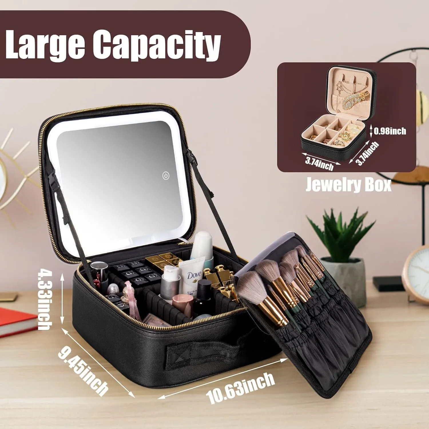 Makeup Travel Train Case with Mirror LED Light 3 Adjustable Brightness Cosmetic Bag Portable Storage Adjustable Partition Waterproof Brushes Makeup Jewelry Gift for Women, Black
