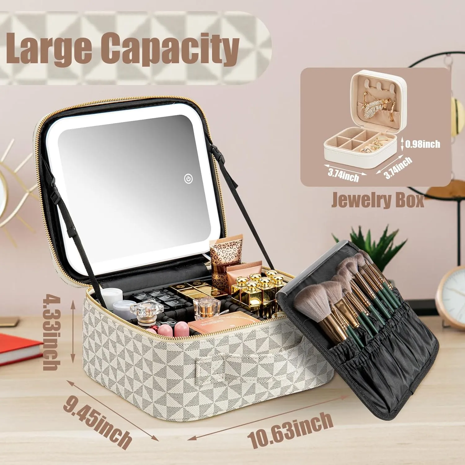 Makeup Travel Train Case with Mirror LED Light 3 Adjustable Brightness Cosmetic Bag Portable Storage Adjustable Partition Waterproof Makeup Brushes Makeup Jewelry Gift for Women