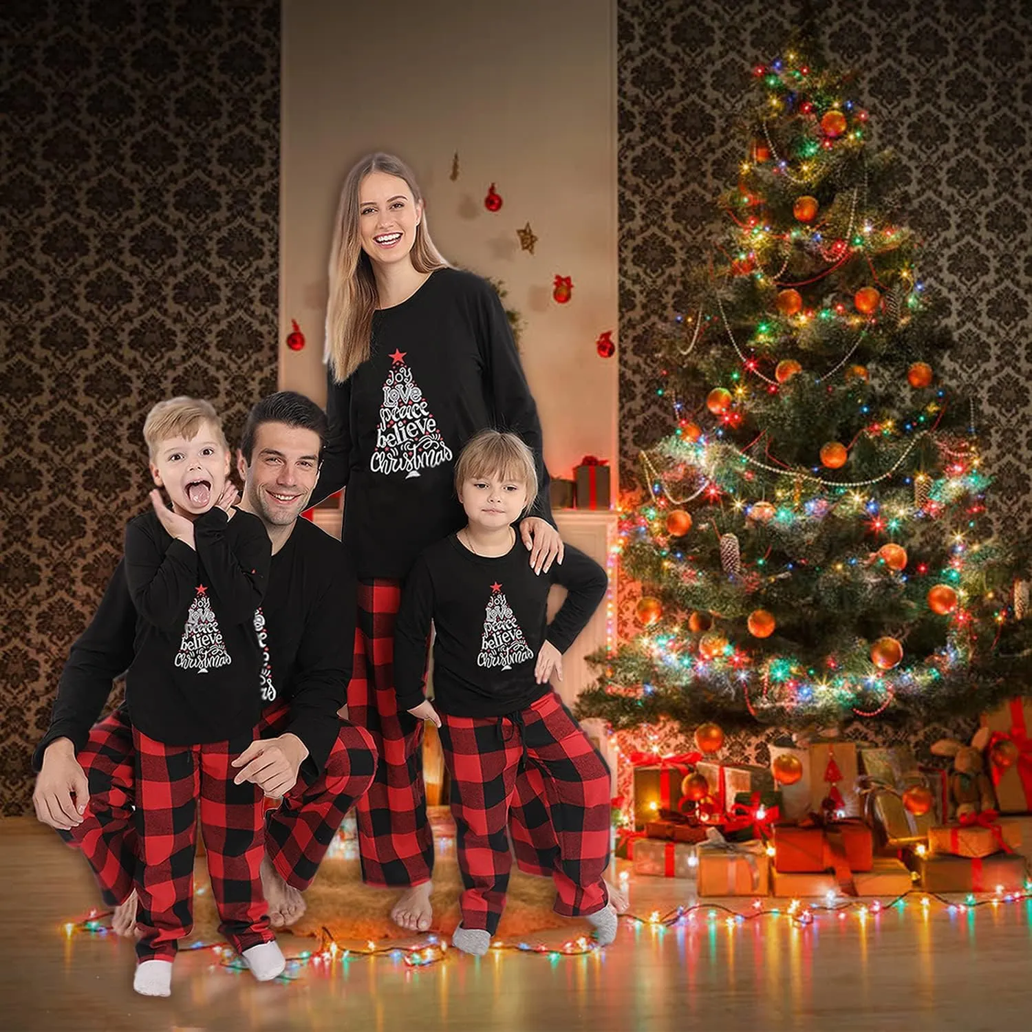 Matching Christmas Pajamas for Family, Funny Holiday Cute Let It Snow Print Tops Plaid Pants Xmas Sleepwear Pjs Set