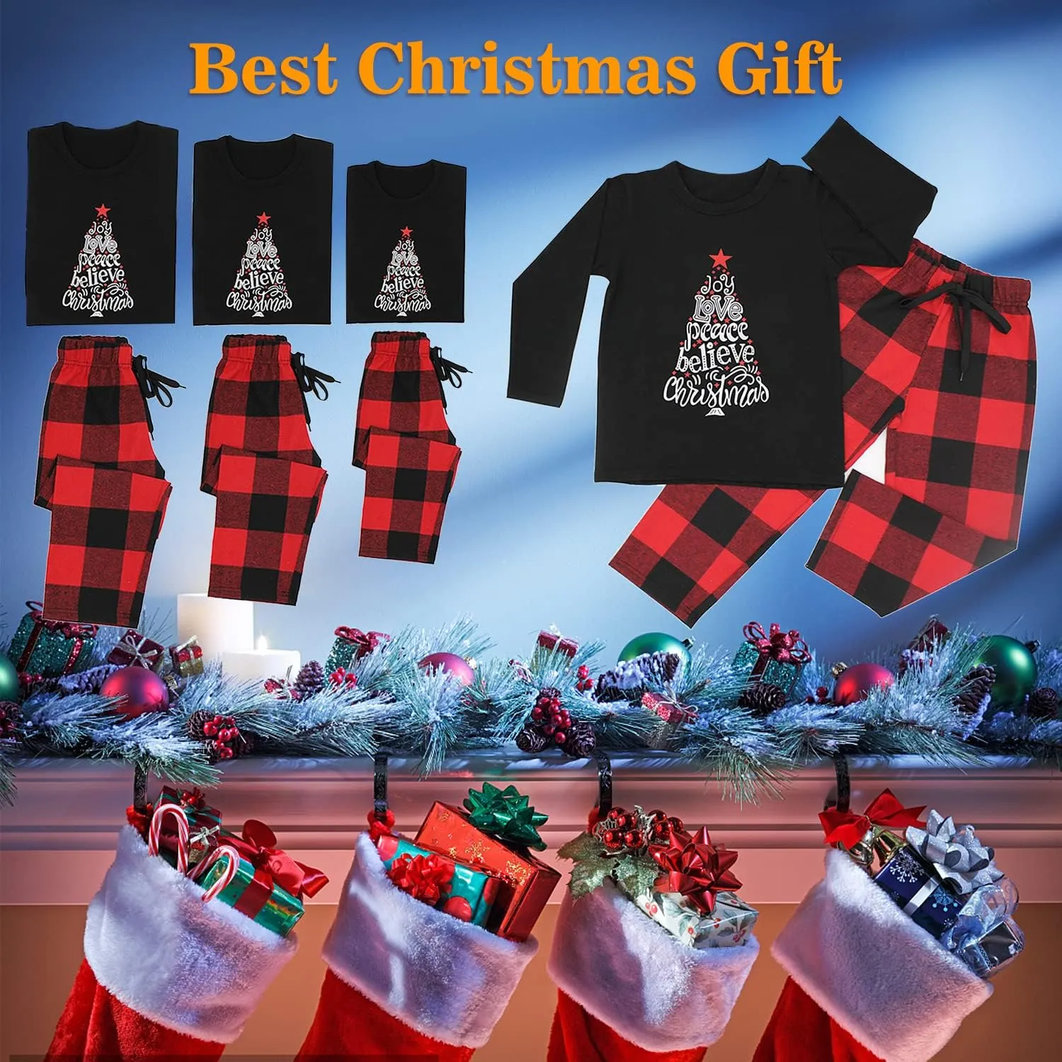 Matching Christmas Pajamas for Family, Funny Holiday Cute Let It Snow Print Tops Plaid Pants Xmas Sleepwear Pjs Set