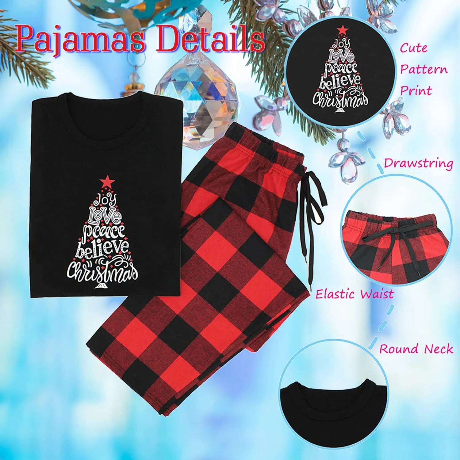 Matching Christmas Pajamas for Family, Funny Holiday Cute Let It Snow Print Tops Plaid Pants Xmas Sleepwear Pjs Set