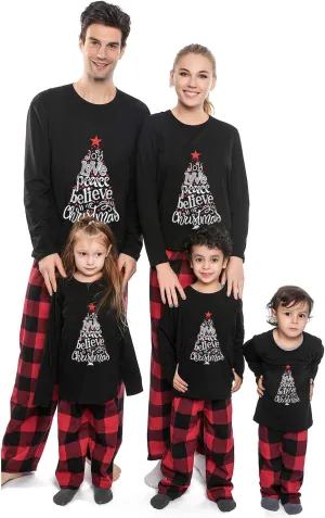 Matching Christmas Pajamas for Family, Funny Holiday Cute Let It Snow Print Tops Plaid Pants Xmas Sleepwear Pjs Set