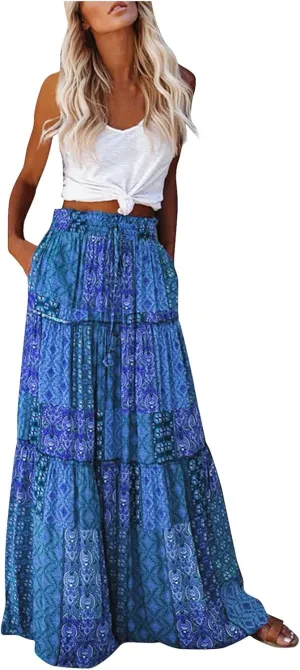 Maxi Skirt for Women Casual High Waist Tie Paisley Print Long Skirts with Pocket Bohemian Flowy Pleated Tiered Skirt