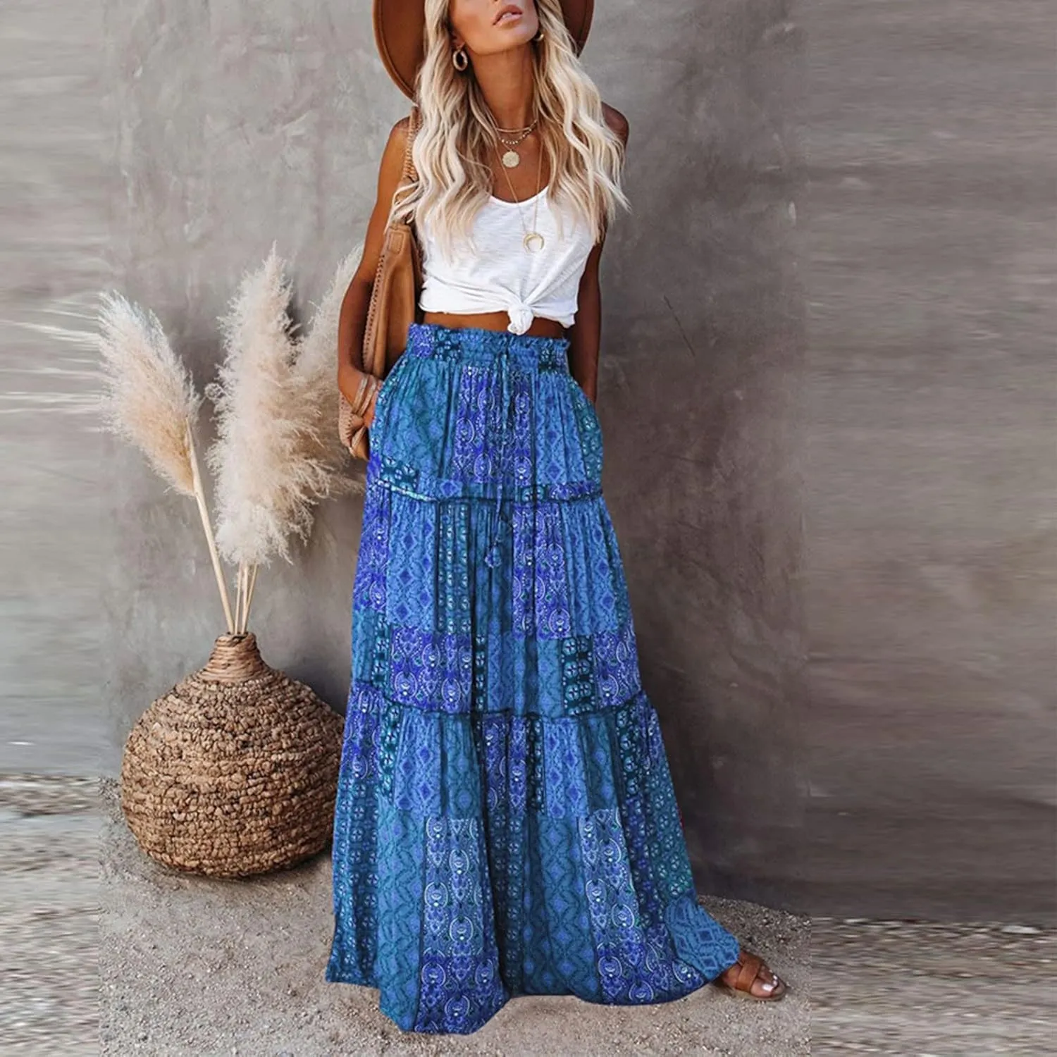 Maxi Skirt for Women Casual High Waist Tie Paisley Print Long Skirts with Pocket Bohemian Flowy Pleated Tiered Skirt