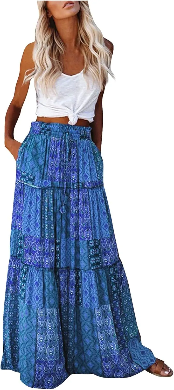 Maxi Skirt for Women Casual High Waist Tie Paisley Print Long Skirts with Pocket Bohemian Flowy Pleated Tiered Skirt