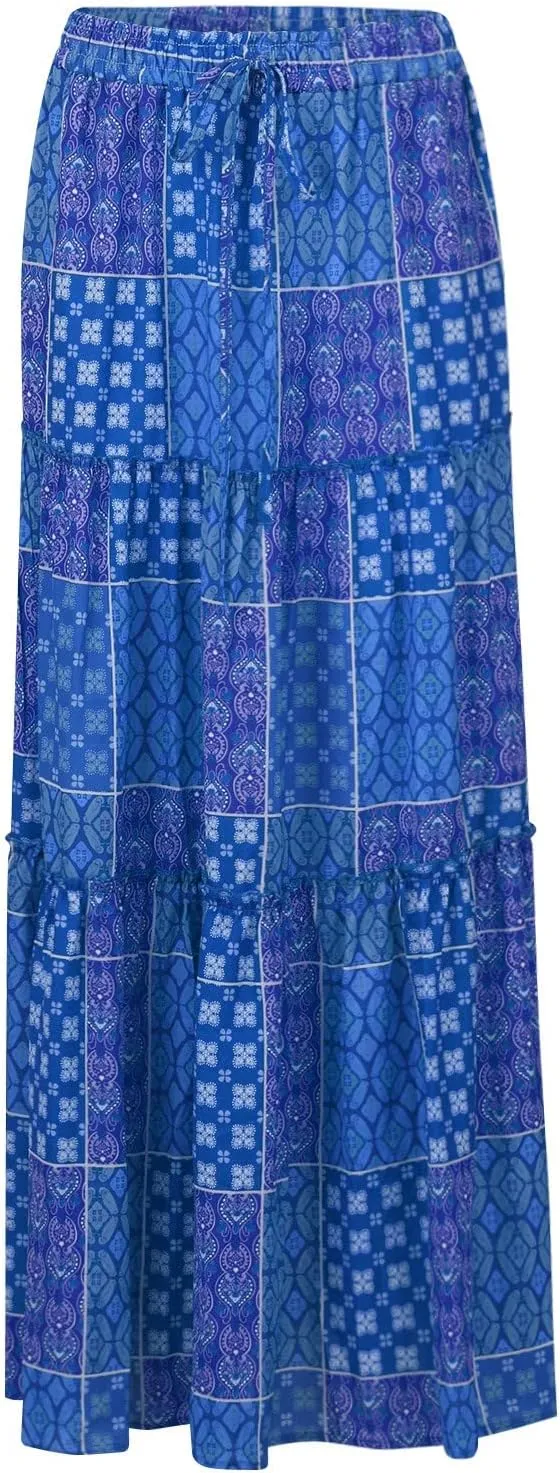 Maxi Skirt for Women Casual High Waist Tie Paisley Print Long Skirts with Pocket Bohemian Flowy Pleated Tiered Skirt