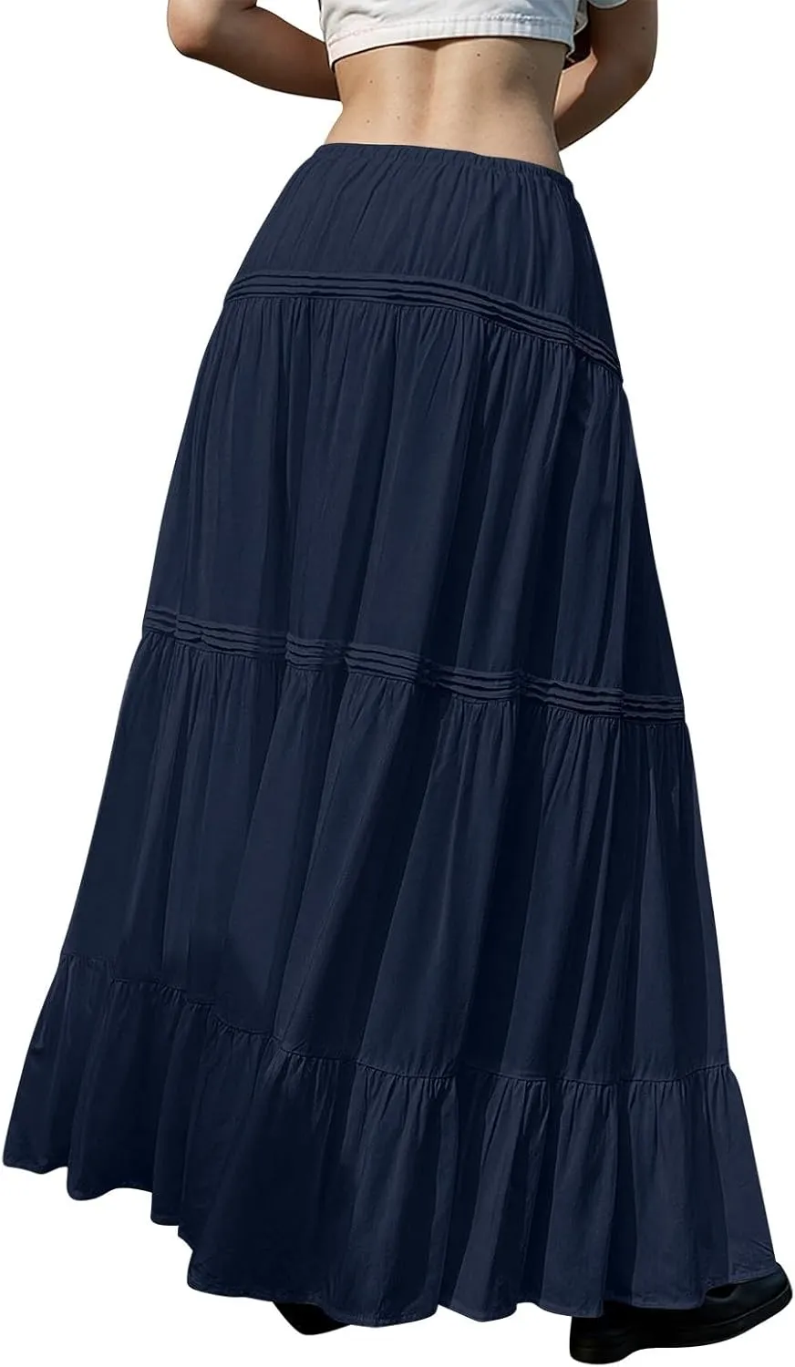 Maxi Skirts for Women Trendy Drawstring High Waisted Flowy Tiered Linen Skirt Pleated Ruffled A-Line Long Skirts
