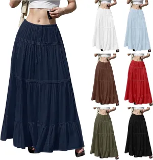 Maxi Skirts for Women Trendy Drawstring High Waisted Flowy Tiered Linen Skirt Pleated Ruffled A-Line Long Skirts