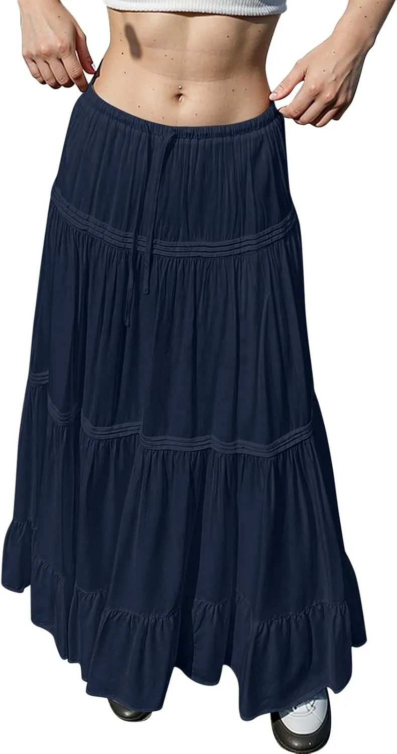 Maxi Skirts for Women Trendy Drawstring High Waisted Flowy Tiered Linen Skirt Pleated Ruffled A-Line Long Skirts