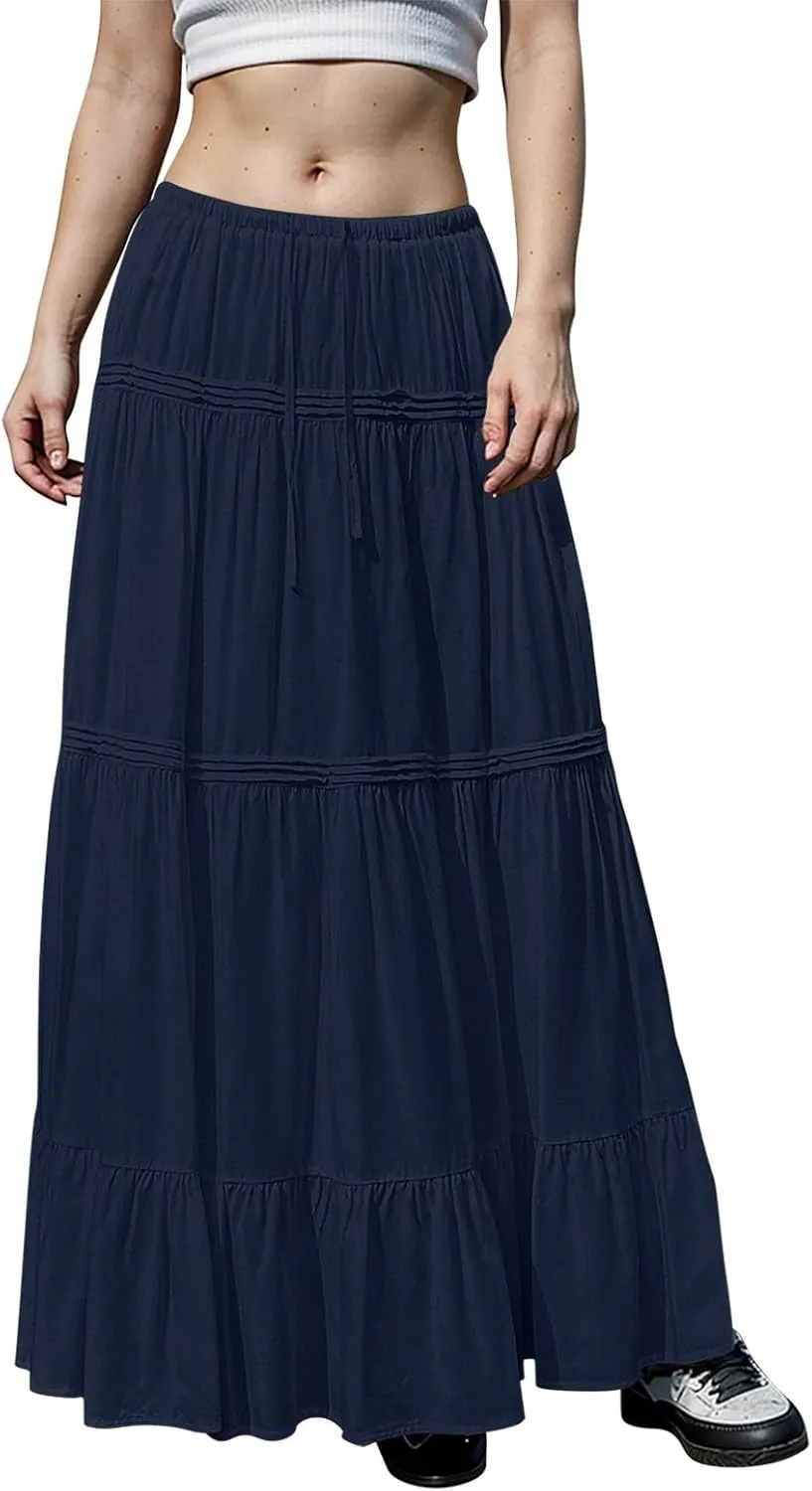 Maxi Skirts for Women Trendy Drawstring High Waisted Flowy Tiered Linen Skirt Pleated Ruffled A-Line Long Skirts