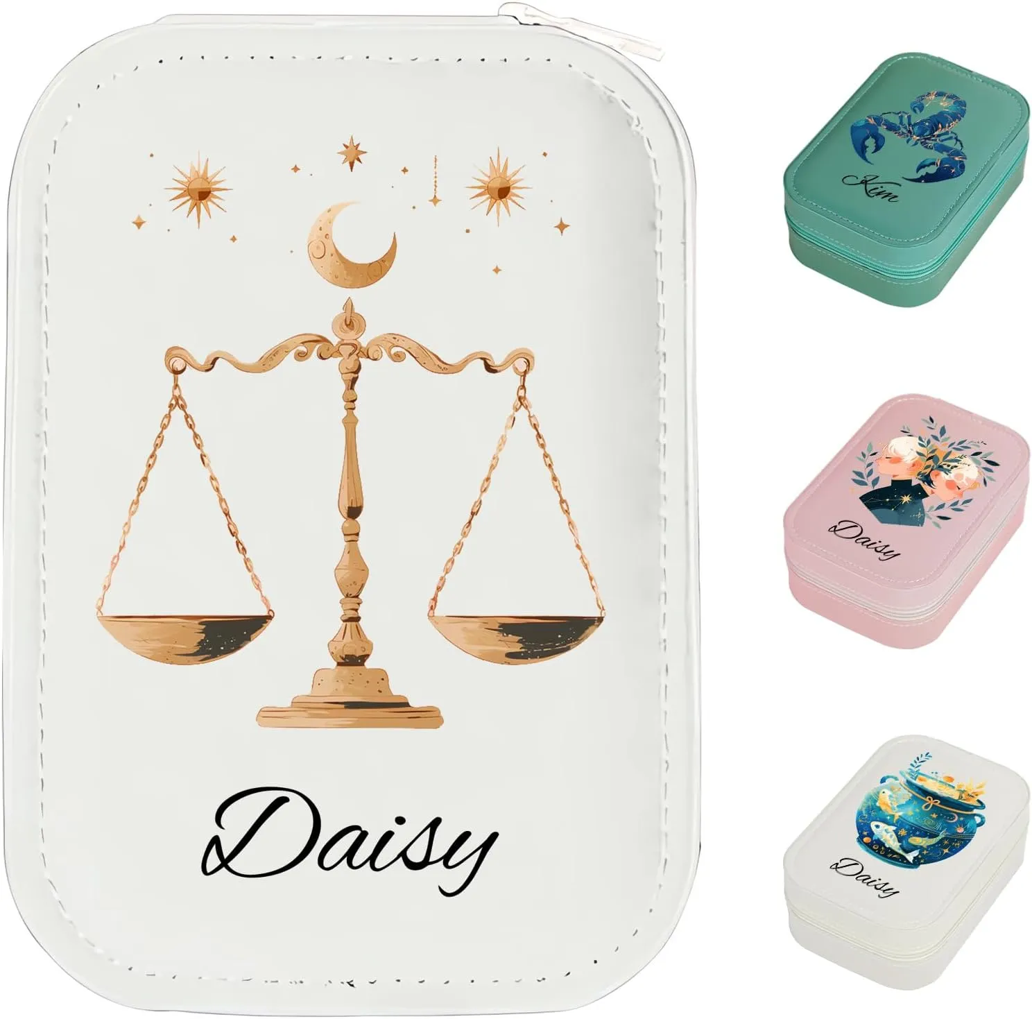 MAYCARI Custom Travel Portable LED Makeup Mirror Case Cartoon Zodiac Leather Personalized Name Makeup Organizer DIY Jewelry Organizer Case for Women Daughter Mother Birthday Christmas Gifts (White)