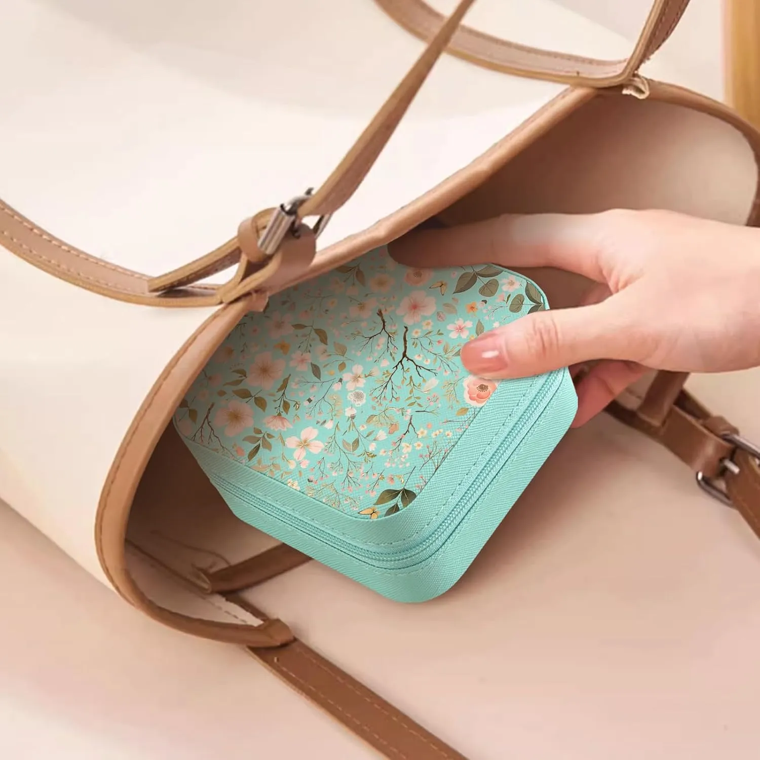MAYCARI Teal Green Leather Square Travel Makeup Bag Floral Art Flowers Leather Makeup Case Portable Jewelry Organizer Case for Women Daughter Mother Birthday Christmas Gifts