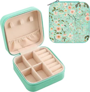 MAYCARI Teal Green Leather Square Travel Makeup Bag Floral Art Flowers Leather Makeup Case Portable Jewelry Organizer Case for Women Daughter Mother Birthday Christmas Gifts