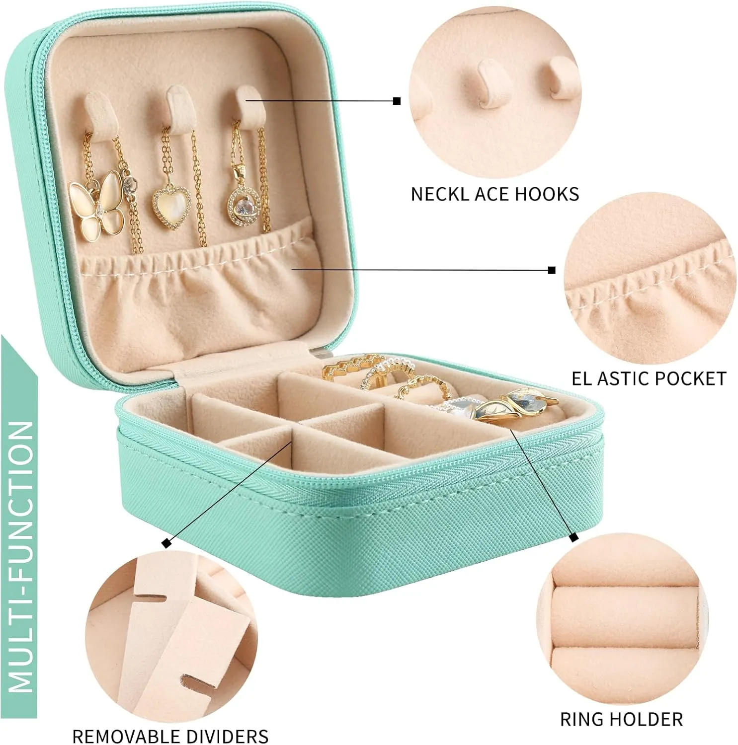 MAYCARI Teal Green Leather Square Travel Makeup Bag Floral Art Flowers Leather Makeup Case Portable Jewelry Organizer Case for Women Daughter Mother Birthday Christmas Gifts