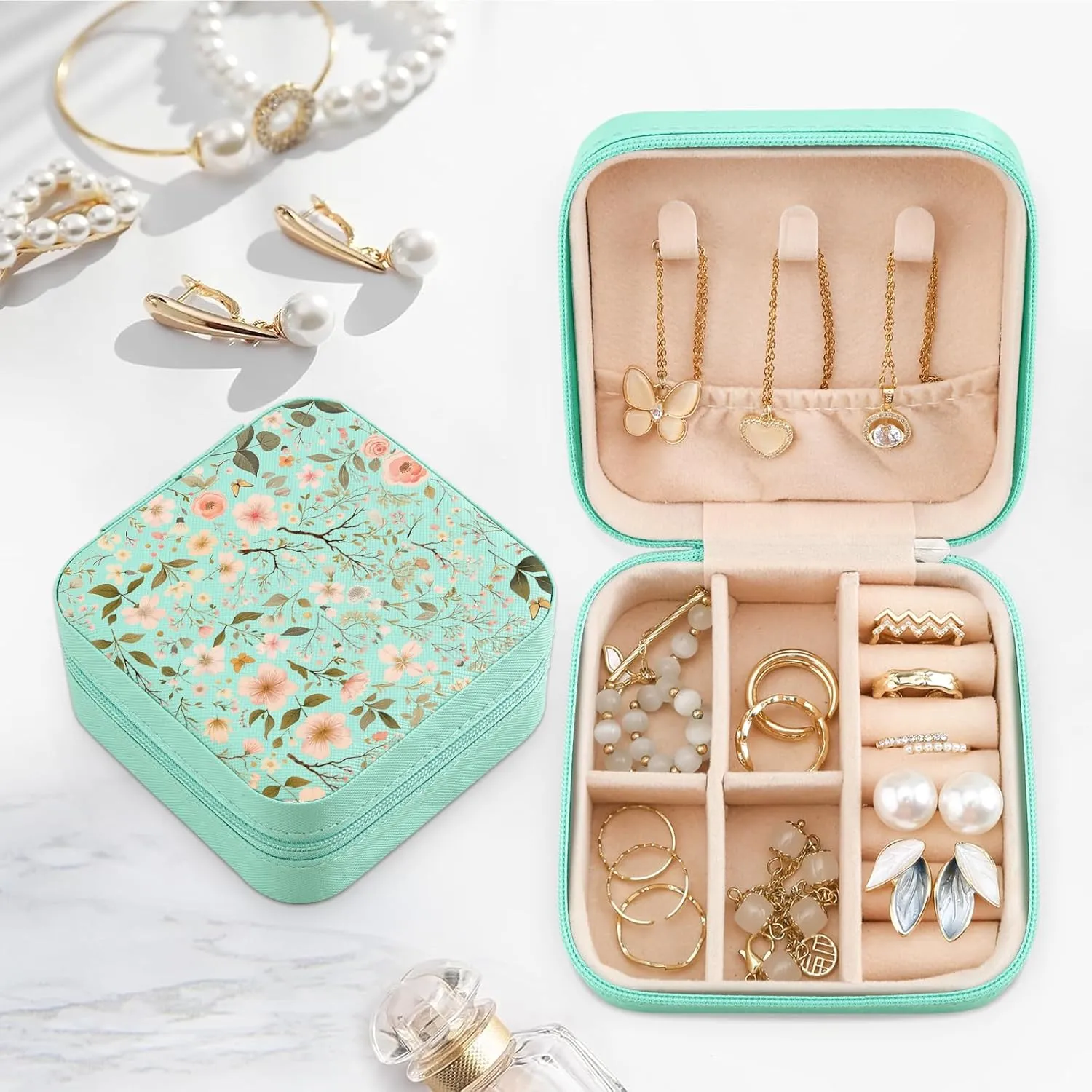 MAYCARI Teal Green Leather Square Travel Makeup Bag Floral Art Flowers Leather Makeup Case Portable Jewelry Organizer Case for Women Daughter Mother Birthday Christmas Gifts