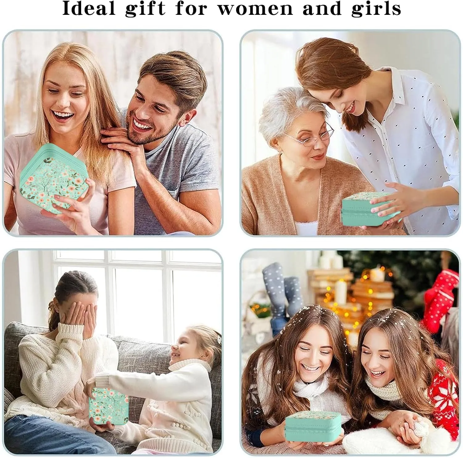 MAYCARI Teal Green Leather Square Travel Makeup Bag Floral Art Flowers Leather Makeup Case Portable Jewelry Organizer Case for Women Daughter Mother Birthday Christmas Gifts