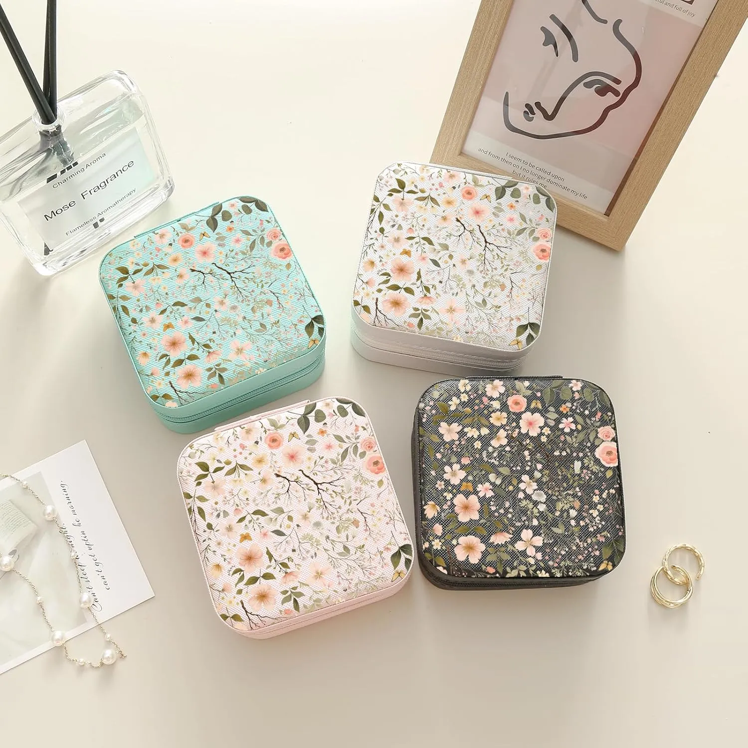 MAYCARI Teal Green Leather Square Travel Makeup Bag Floral Art Flowers Leather Makeup Case Portable Jewelry Organizer Case for Women Daughter Mother Birthday Christmas Gifts