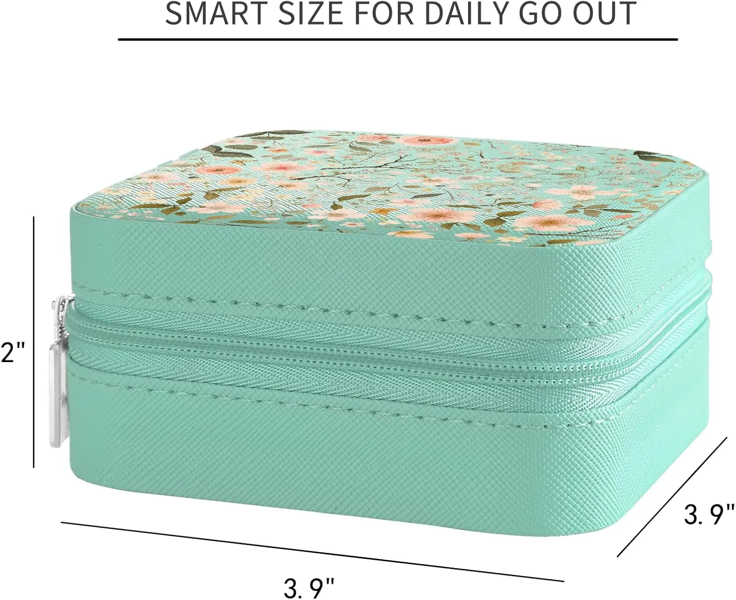 MAYCARI Teal Green Leather Square Travel Makeup Bag Floral Art Flowers Leather Makeup Case Portable Jewelry Organizer Case for Women Daughter Mother Birthday Christmas Gifts