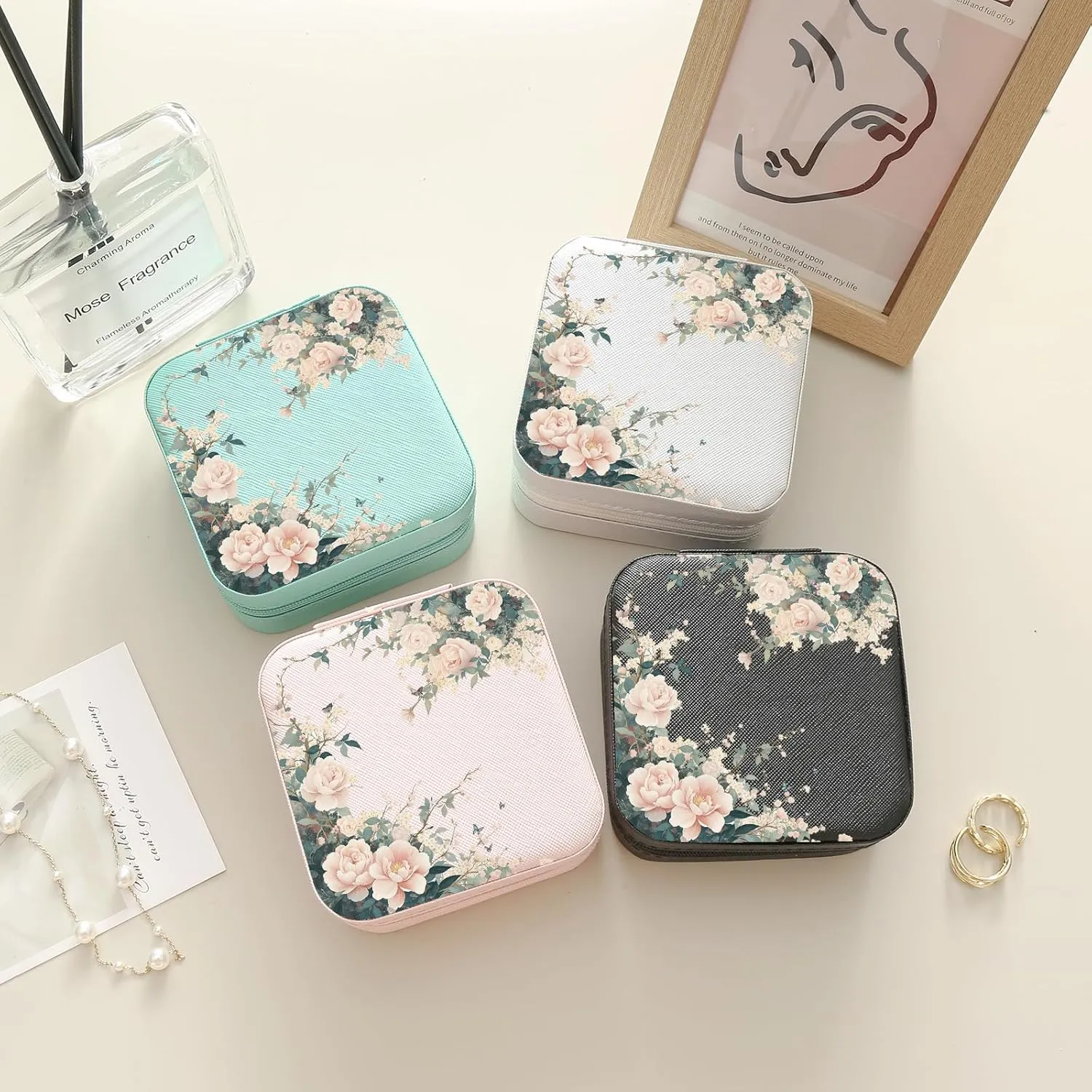 MAYCARI Teal Green Leather Square Travel Makeup Bag Floral Flowers Art Leather Makeup Case Portable Jewelry Organizer Case for Women Daughter Mother Birthday Christmas Gifts