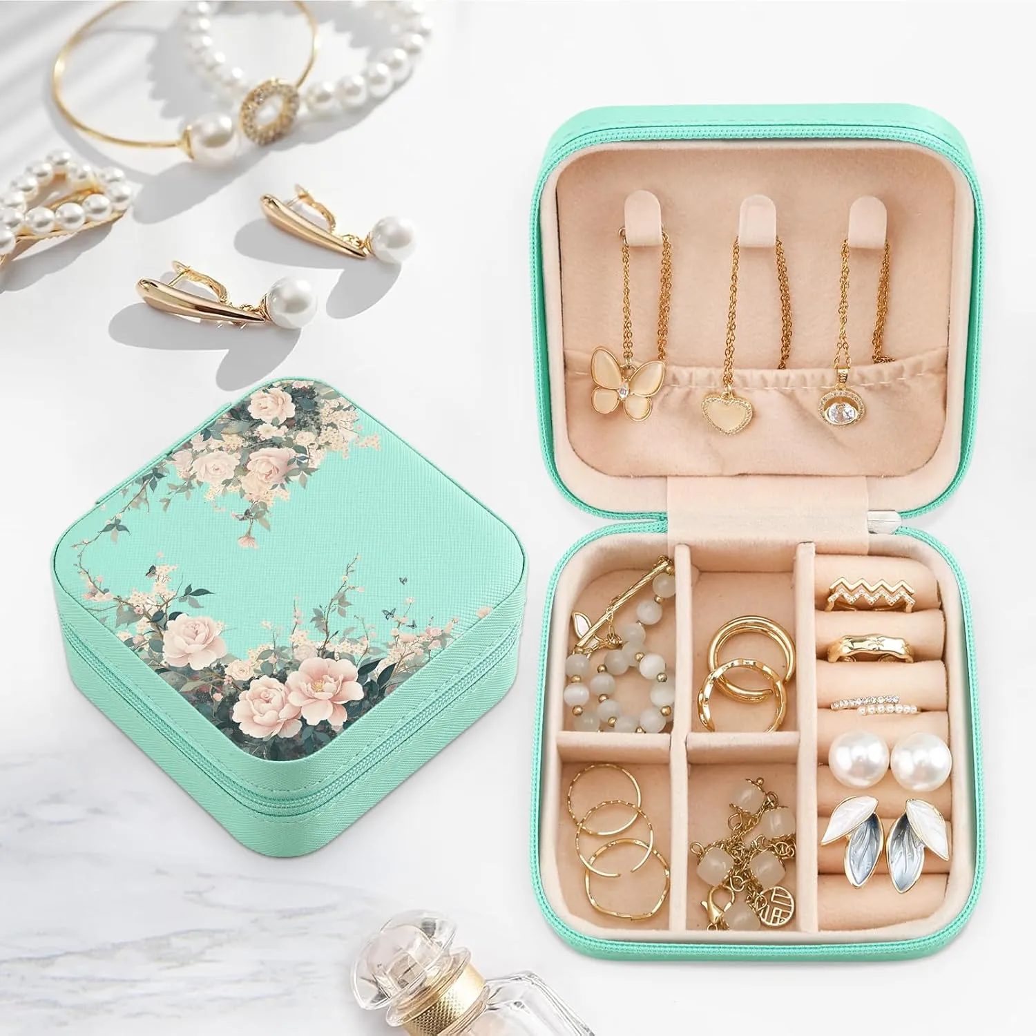 MAYCARI Teal Green Leather Square Travel Makeup Bag Floral Flowers Art Leather Makeup Case Portable Jewelry Organizer Case for Women Daughter Mother Birthday Christmas Gifts