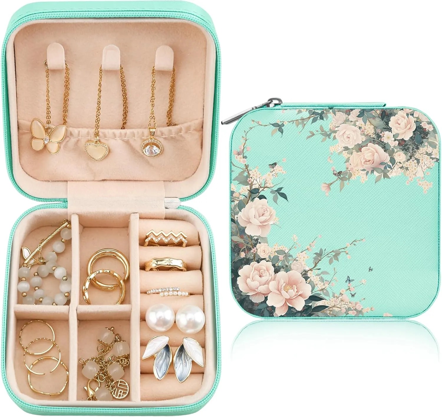 MAYCARI Teal Green Leather Square Travel Makeup Bag Floral Flowers Art Leather Makeup Case Portable Jewelry Organizer Case for Women Daughter Mother Birthday Christmas Gifts