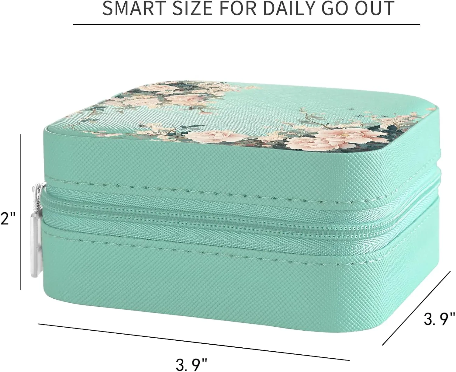 MAYCARI Teal Green Leather Square Travel Makeup Bag Floral Flowers Art Leather Makeup Case Portable Jewelry Organizer Case for Women Daughter Mother Birthday Christmas Gifts
