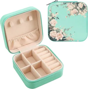 MAYCARI Teal Green Leather Square Travel Makeup Bag Floral Flowers Art Leather Makeup Case Portable Jewelry Organizer Case for Women Daughter Mother Birthday Christmas Gifts