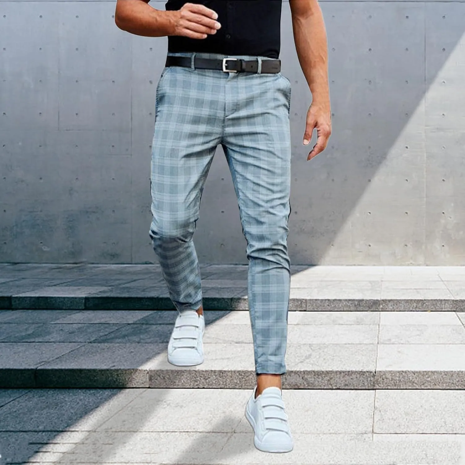 Mens Dress Pants Plaid Slim Fit Casual Golf Pants Zip Off Flat Front Stretch Business Pencil Chino Pants with Pockets