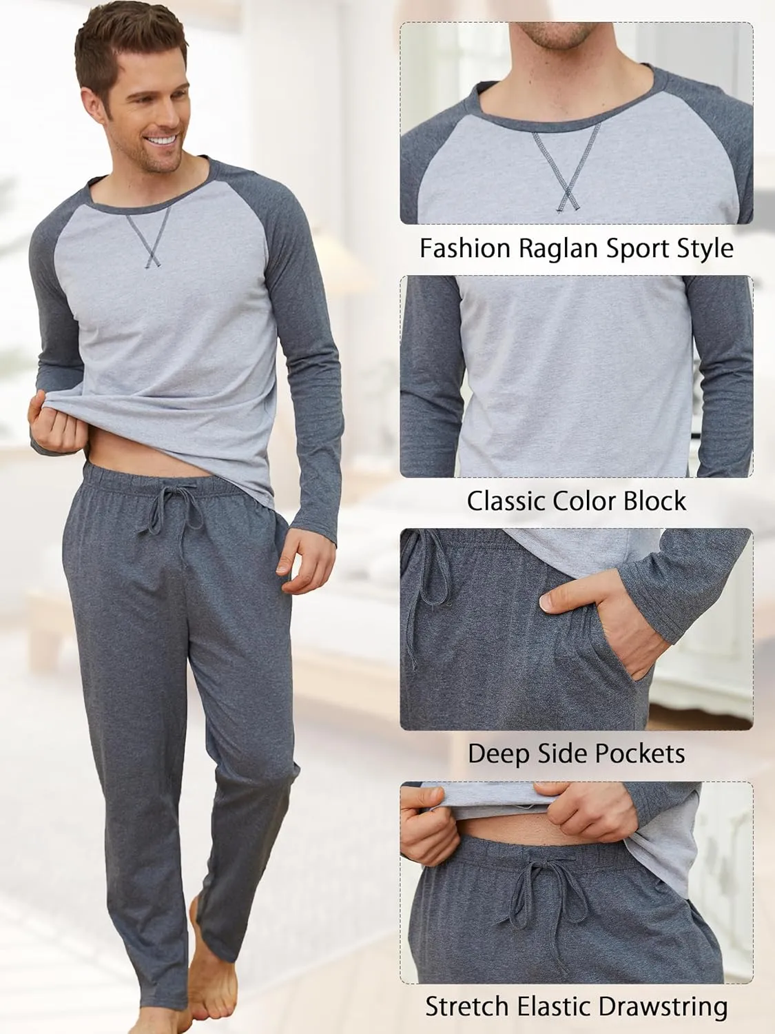 Mens Pajamas Set Cotton Pjs for Men Sleepwear Long Sleeve & Pajama Pants Soft 2 Piece Sets with Pockets