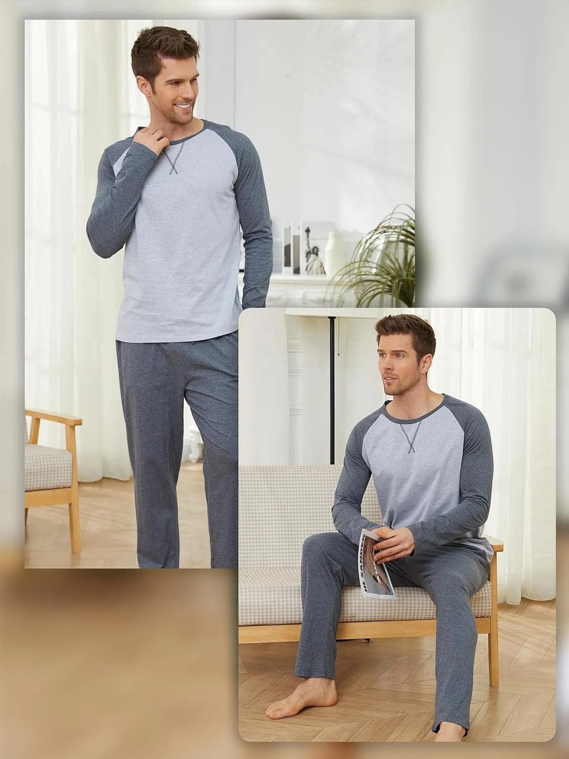Mens Pajamas Set Cotton Pjs for Men Sleepwear Long Sleeve & Pajama Pants Soft 2 Piece Sets with Pockets