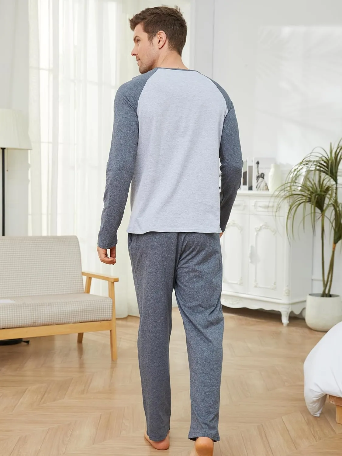 Mens Pajamas Set Cotton Pjs for Men Sleepwear Long Sleeve & Pajama Pants Soft 2 Piece Sets with Pockets