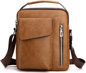 Mens Shoulder Bag,Small Crossbody Bag,Vintage PU leather Office Business Bag for Men, Handbag Purse Zipper