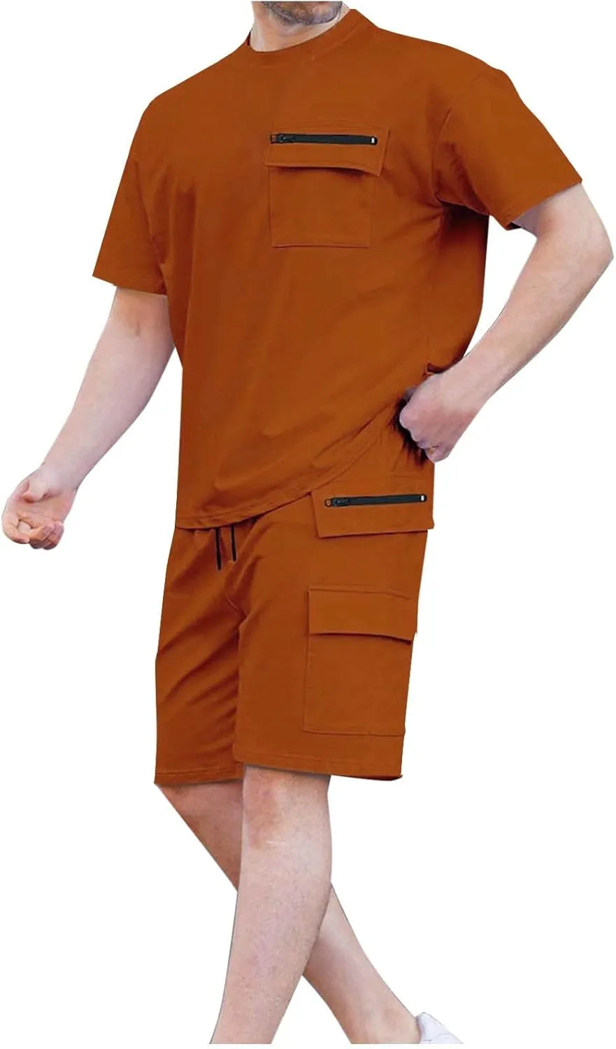 Mens Summer Sets 2 Piece Outfits Fashion Summer Tracksuit Casual Short Sleeve Shirt Pullover & Cargo Shorts Multi Pocket