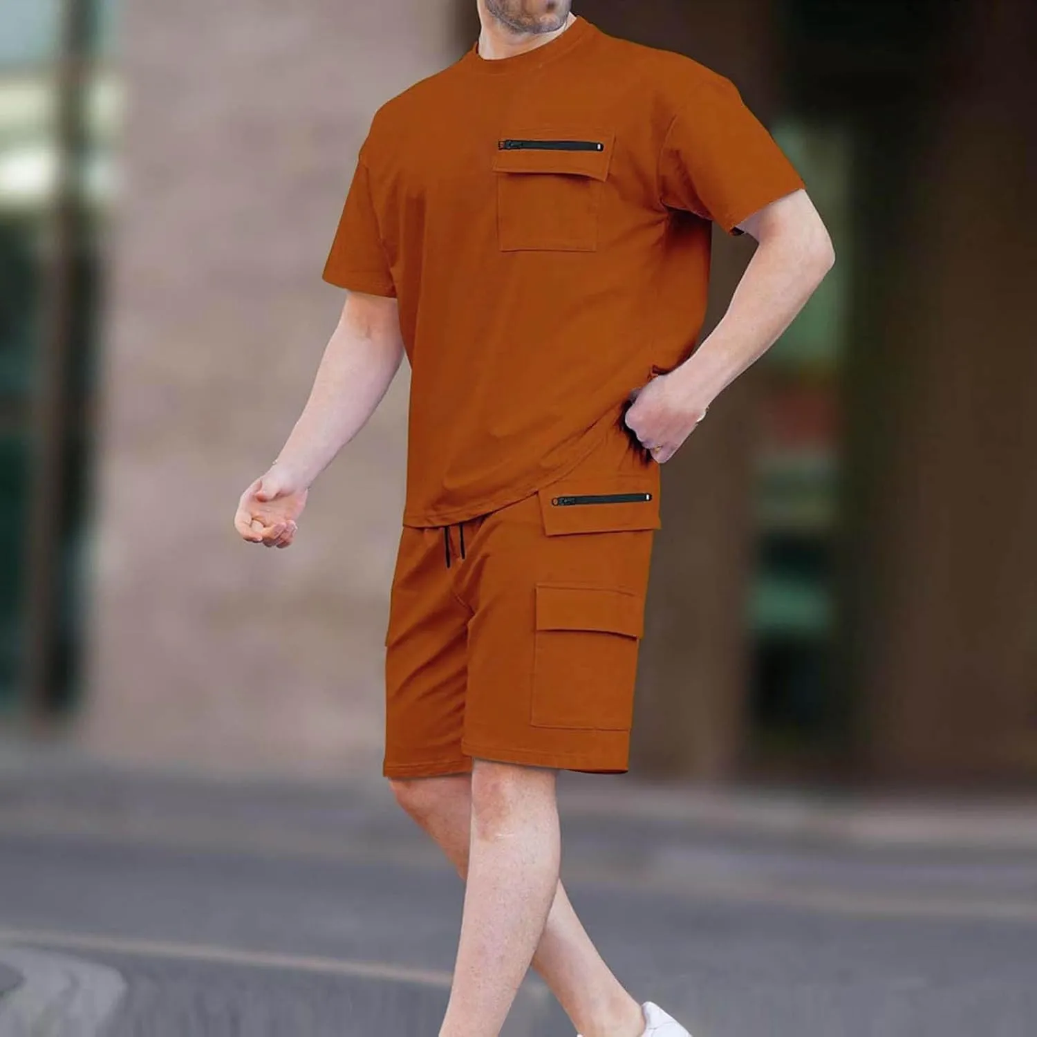 Mens Summer Sets 2 Piece Outfits Fashion Summer Tracksuit Casual Short Sleeve Shirt Pullover & Cargo Shorts Multi Pocket