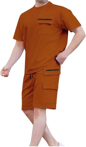 Mens Summer Sets 2 Piece Outfits Fashion Summer Tracksuit Casual Short Sleeve Shirt Pullover & Cargo Shorts Multi Pocket