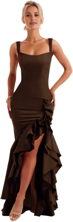 Mermaid Long Prom Dresses for Women Ruffle Formal Evening Party Gown with Slit