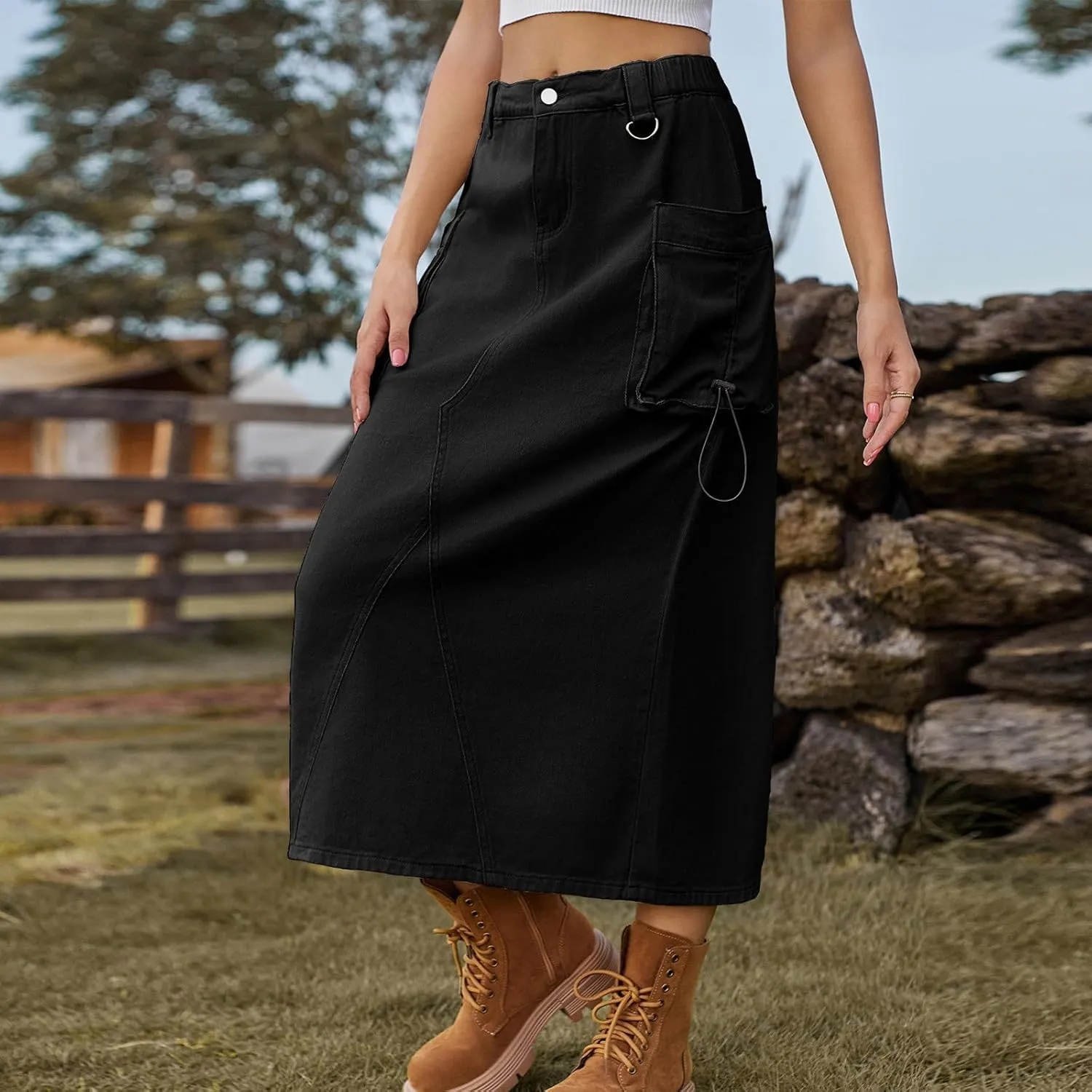 Midi Cargo Skirts for Women Casual High Waist Stretch Button Denim Skirts Trendy Pencil Skirt with Multi Pockets