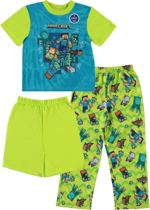 Minecraft Mojang Boys Pajamas Set - 3 Piece Short Sleeve Creeper Pajamas - Short Sleeves, Shorts and Pants Pajamas Set